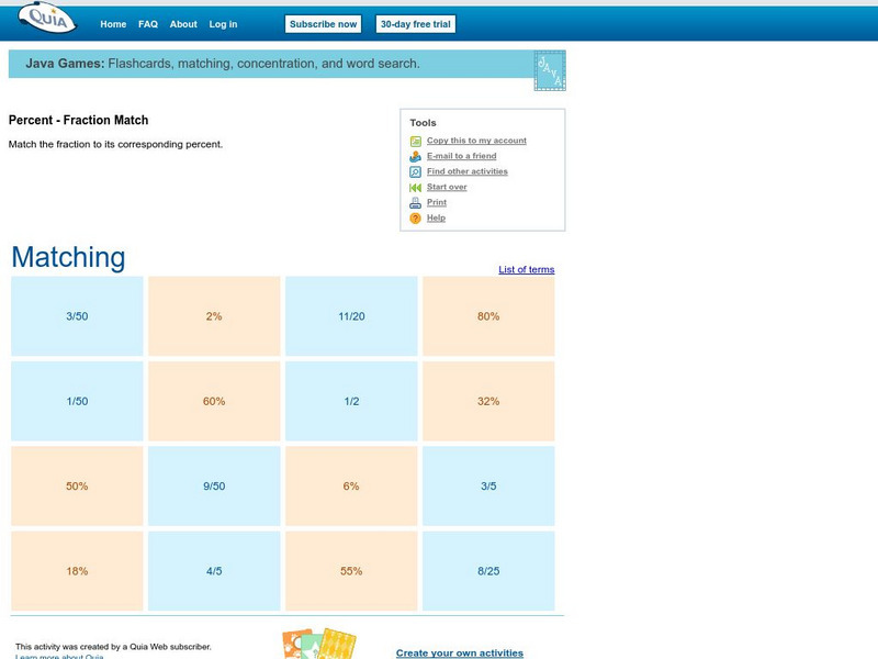 Quia: Percent Fraction Match Interactive Quia: Percent Fraction Match Interactive