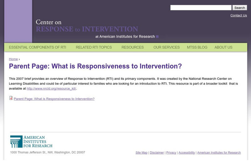Center on Response to Intervention: Parent Page: Responsiveness to Intervention Professional Doc Center on Response to Intervention: Parent Page: Responsiveness to Intervention Professional Doc