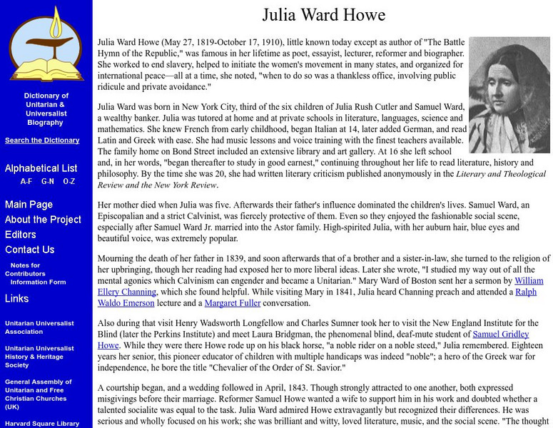 Dictionary of Unitarian and Universalist Biography: Julia Ward Howe Handout Dictionary of Unitarian and Universalist Biography: Julia Ward Howe Handout