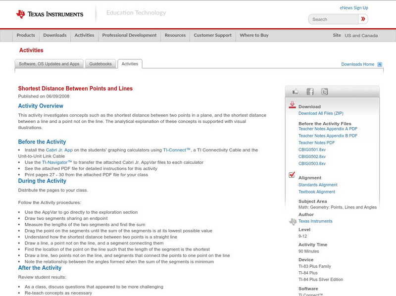 Texas Instruments: Shortest Distance Between Points and Lines Activity
