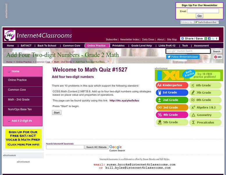 Internet4 Classrooms: Add Four Two Digit Numbers Unknown Type