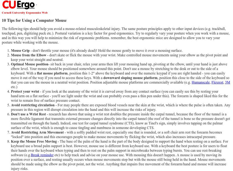 Cornell University: 10 Tips for Using a Computer Mouse Article