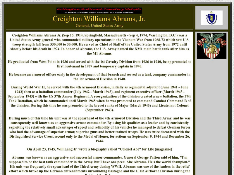Arlington National Cemetery: Creighton Williams Abrams, Jr. Handout Arlington National Cemetery: Creighton Williams Abrams, Jr. Handout