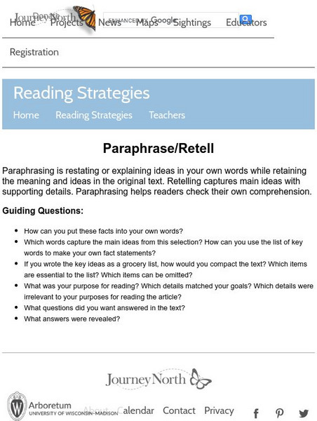 Annenberg Learner: Journey North: Reading Strategies: Paraphrase / Retell Handout Annenberg Learner: Journey North: Reading Strategies: Paraphrase / Retell Handout