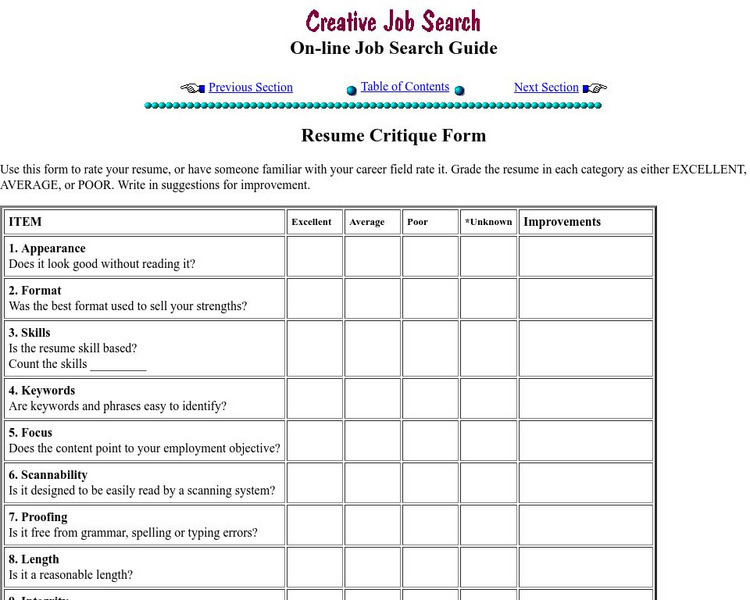Amby: Resume Critique Form Handout Amby: Resume Critique Form Handout