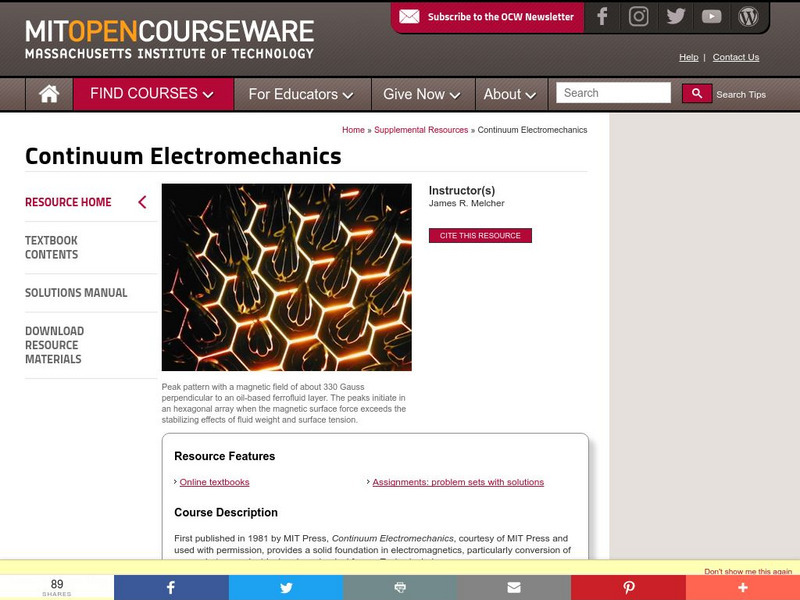 Mit: Open Course Ware: Supplemental Resources: Continuum Electromechanics Online Course Mit: Open Course Ware: Supplemental Resources: Continuum Electromechanics Online Course