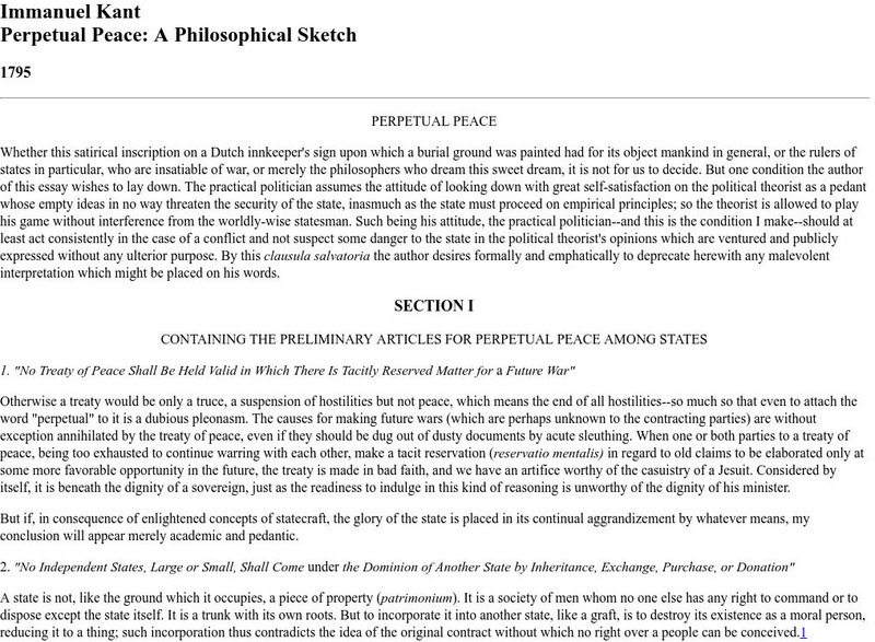 Perpetual Peace: A Philosophical Sketch 1795 Article Perpetual Peace: A Philosophical Sketch 1795 Article