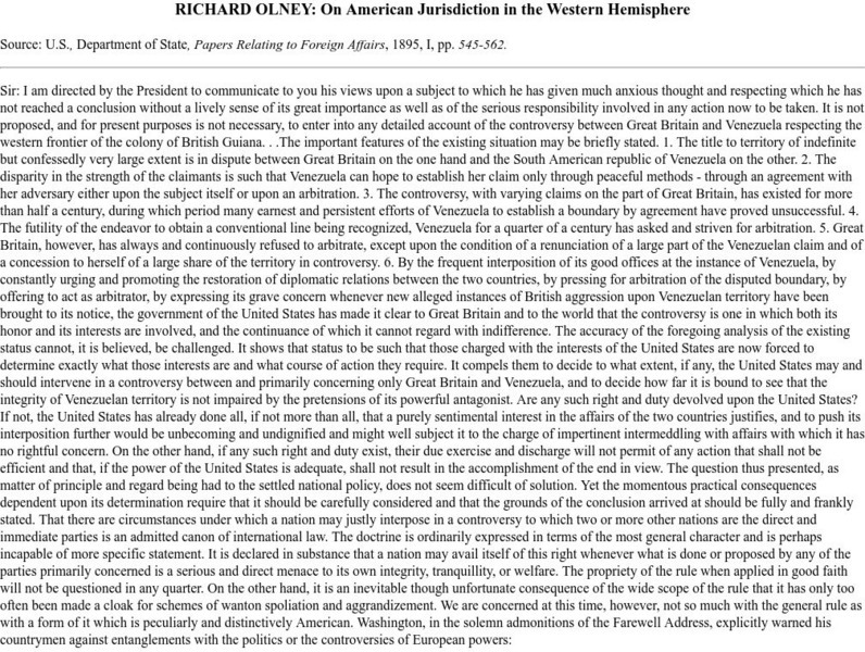 International Relations: Richard Olney: On American Jurisdiction Primary International Relations: Richard Olney: On American Jurisdiction Primary
