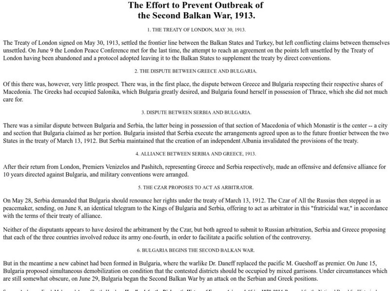 Effort to Prevent Outbreak of the Second Balkan War Handout