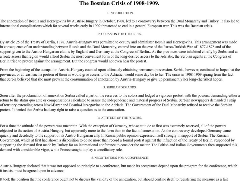 Mount Holyoke College: The Bosnian Crisis of 1908 1909 Handout Mount Holyoke College: The Bosnian Crisis of 1908 1909 Handout