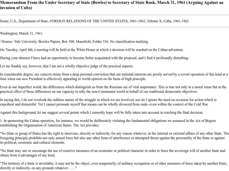 Memo. Within State Dept. Regarding the Bay of Pigs Primary