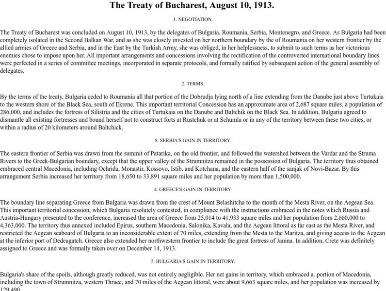 Mt. Holyoke College: The Treaty of Bucharest Handout