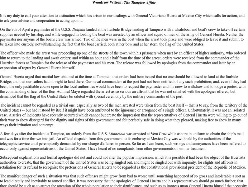 International Relations: Wilson's Address to Congress: The Tampico Affair Primary International Relations: Wilson's Address to Congress: The Tampico Affair Primary