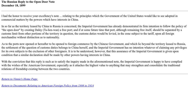 International Relations: The Russian Reply to the Open Door Note Primary International Relations: The Russian Reply to the Open Door Note Primary