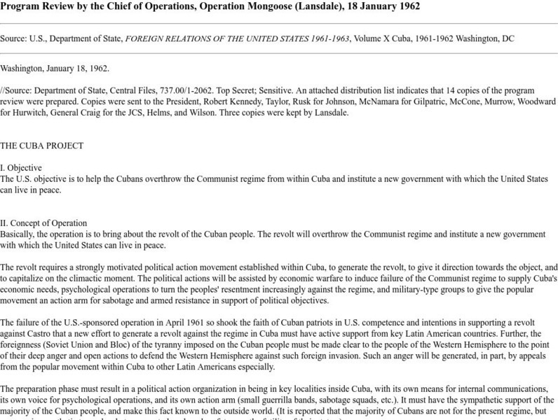 U.s. Dept. Of State: Review of Operation Mongoose Primary