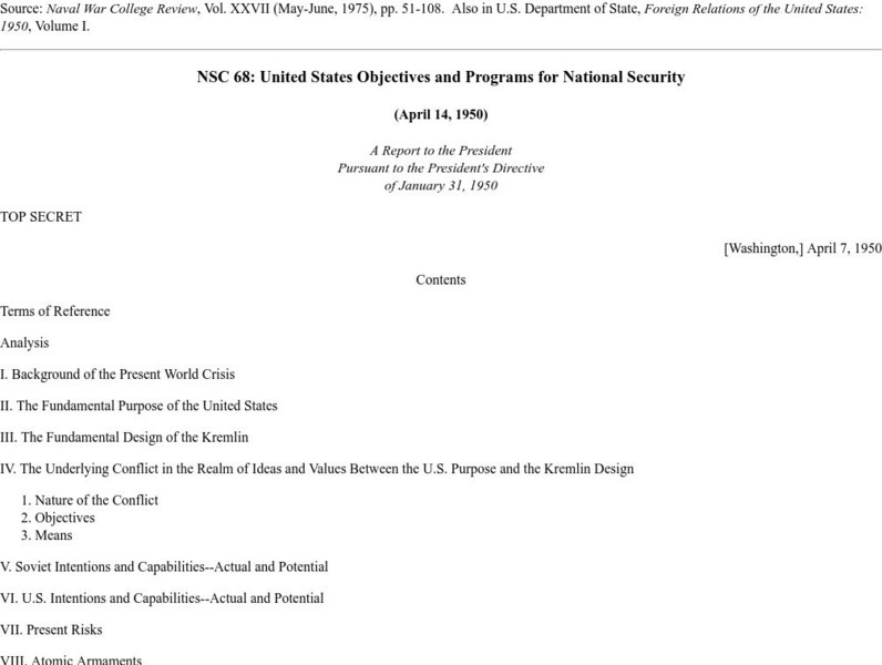International Relations: Nsc 68: United States Objectives for National Security Primary International Relations: Nsc 68: United States Objectives for National Security Primary