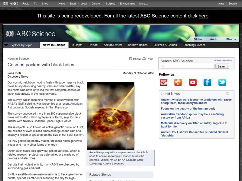 Australian Broadcasting Corporation: News in Science: Cosmos Packed With Black Holes Website Australian Broadcasting Corporation: News in Science: Cosmos Packed With Black Holes Website