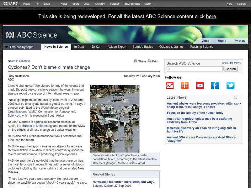 Australian Broadcasting Corporation: News in Science: Cyclones? Don't Blame Climate Change Website Australian Broadcasting Corporation: News in Science: Cyclones? Don't Blame Climate Change Website