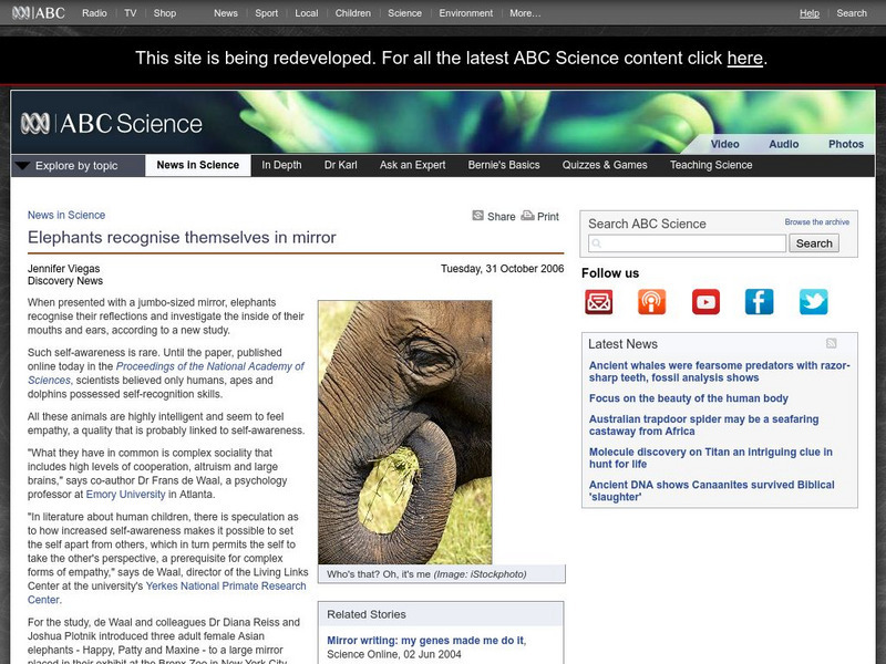 Australian Broadcasting Corporation: News in Science: Elephants Recognise Themselves in Mirror Article