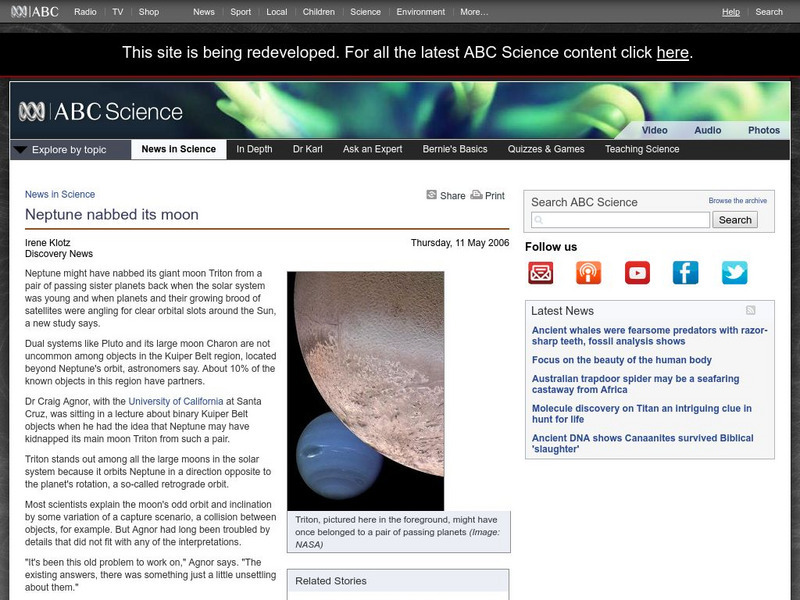 Australian Broadcasting Corporation: News in Science: Neptune Nabbed Its Moon Article Australian Broadcasting Corporation: News in Science: Neptune Nabbed Its Moon Article