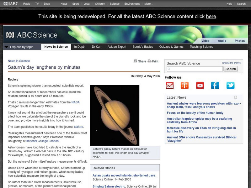 Australian Broadcasting Corporation: News in Science: Saturn's Day Lengthens by Minutes Article