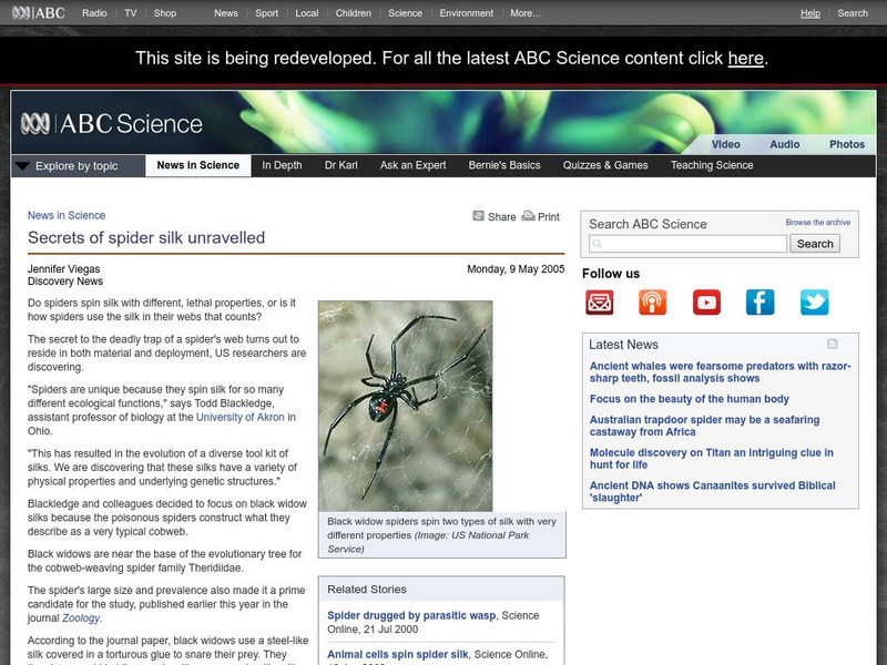 Australian Broadcasting Corporation: News in Science: Secrets of Spider Silk Unravelled Handout Australian Broadcasting Corporation: News in Science: Secrets of Spider Silk Unravelled Handout