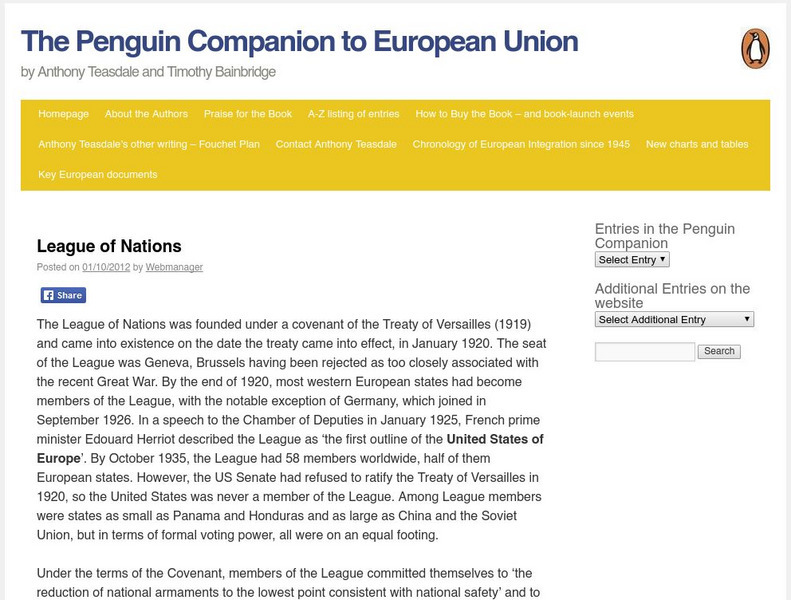 The Penguin Companion to European Union: League of Nations Article The Penguin Companion to European Union: League of Nations Article