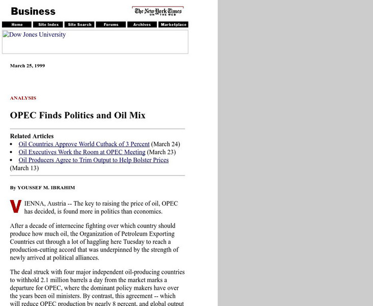 New York Times: Opec Finds Politics and Oil Mix Article New York Times: Opec Finds Politics and Oil Mix Article