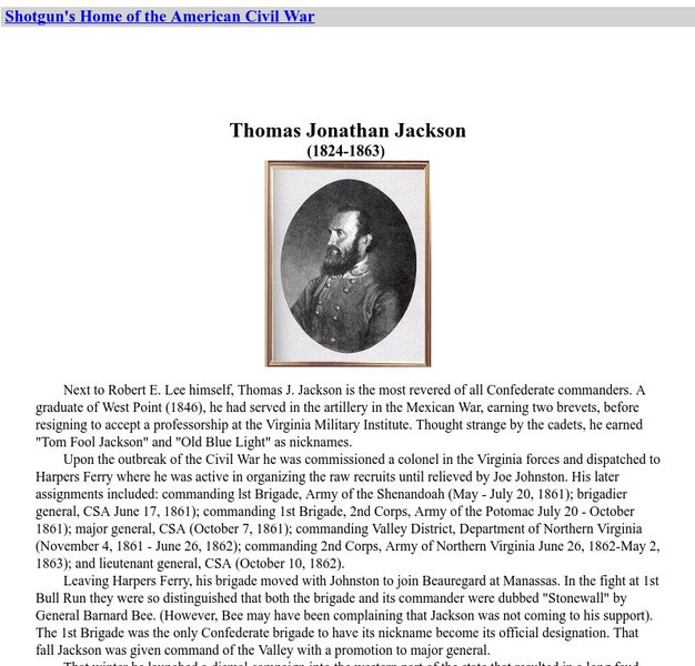 Home of the American Civil War: Thomas "Stonewall" Jackson Handout Home of the American Civil War: Thomas "Stonewall" Jackson Handout