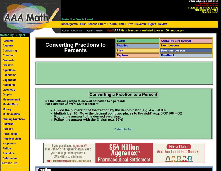 Aaa Math: Converting a Fraction to a Percent Activity Aaa Math: Converting a Fraction to a Percent Activity