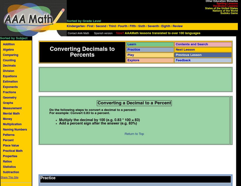 Aaa Math: Converting a Decimal to a Percent Activity