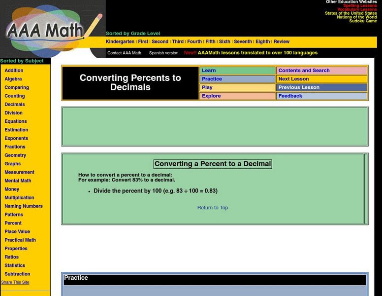 Aaa Math: Converting a Percent to a Decimal Activity Aaa Math: Converting a Percent to a Decimal Activity
