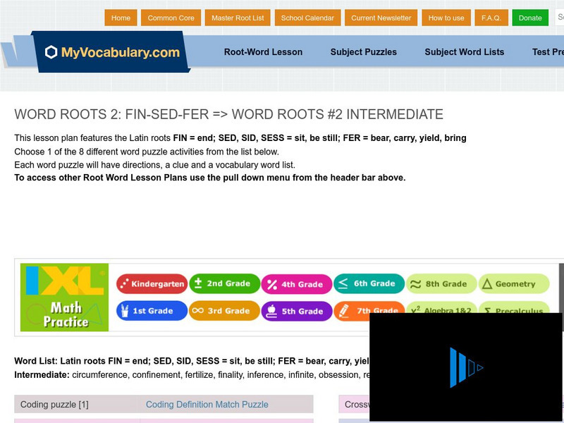 My vocabulary.com: Word Roots Lesson 2: Fin Sed Fer: Word Roots #2 Intermediate Lesson Plan My vocabulary.com: Word Roots Lesson 2: Fin Sed Fer: Word Roots #2 Intermediate Lesson Plan