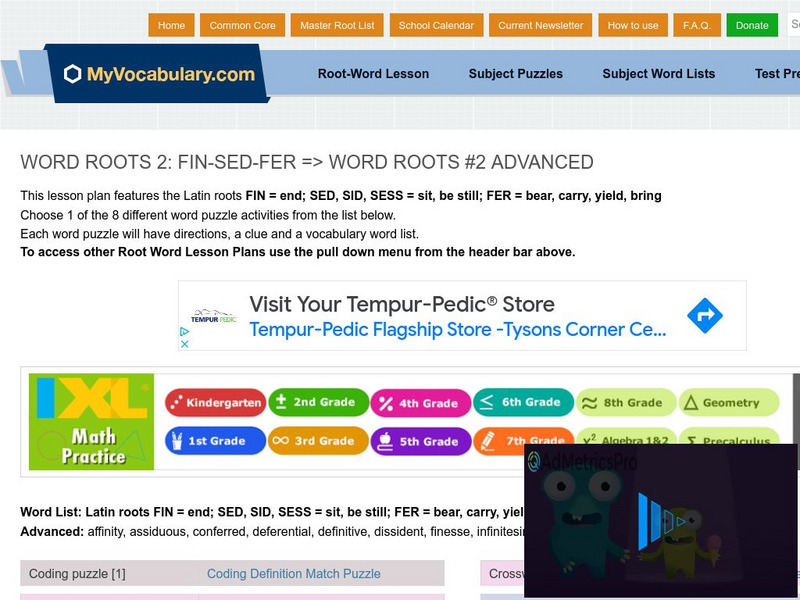 My vocabulary.com: Word Roots Lesson 2: Fin Sed Fer: Word Roots #2 Advanced Lesson Plan My vocabulary.com: Word Roots Lesson 2: Fin Sed Fer: Word Roots #2 Advanced Lesson Plan