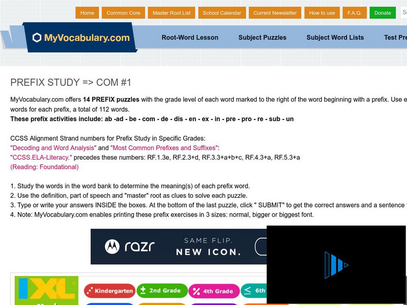 My vocabulary.com: Prefix Study: Com #1 Lesson Plan