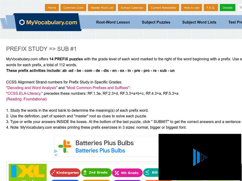 My vocabulary.com: Prefix Study: Sub #1 Lesson Plan My vocabulary.com: Prefix Study: Sub #1 Lesson Plan