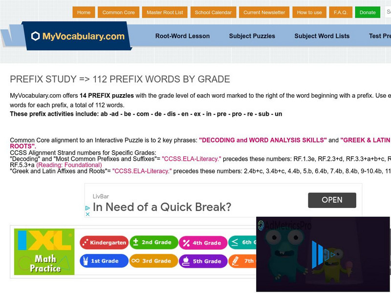 My vocabulary.com: Prefix Study: 112 Prefix Words by Grade Lesson Plan My vocabulary.com: Prefix Study: 112 Prefix Words by Grade Lesson Plan