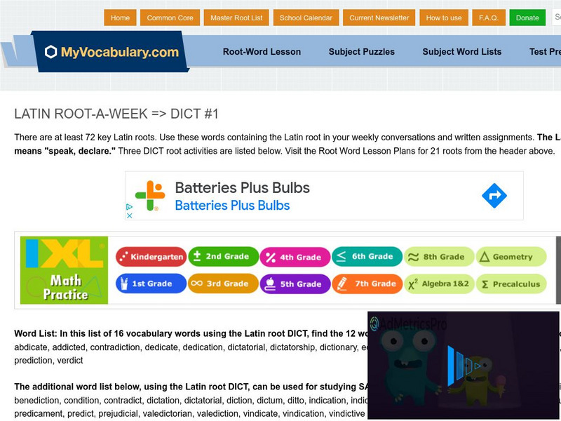 My vocabulary.com: Latin Root a Week: Dict #1 Lesson Plan My vocabulary.com: Latin Root a Week: Dict #1 Lesson Plan