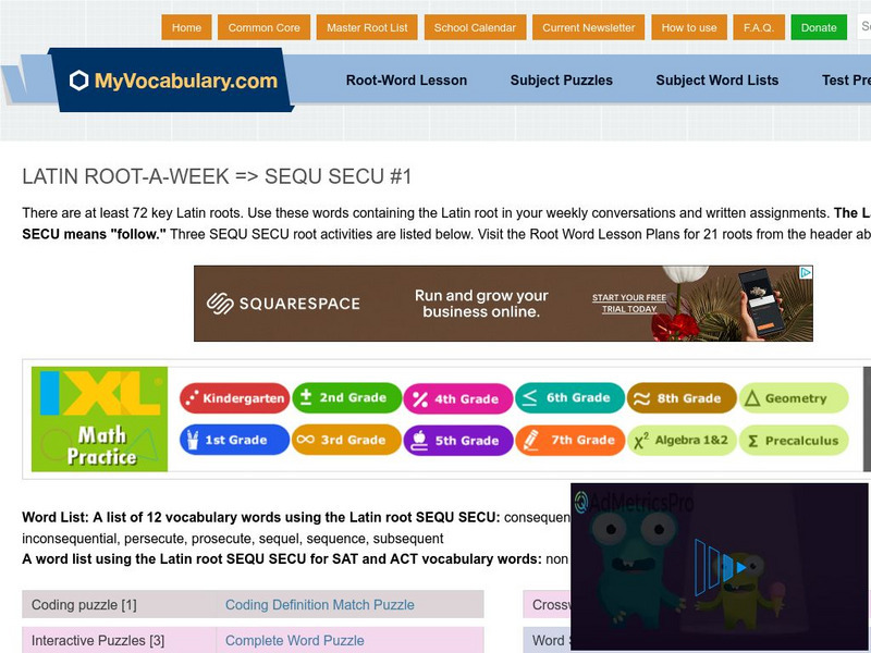 My vocabulary.com: Latin Root a Week: Sequ Secu #1 Lesson Plan My vocabulary.com: Latin Root a Week: Sequ Secu #1 Lesson Plan