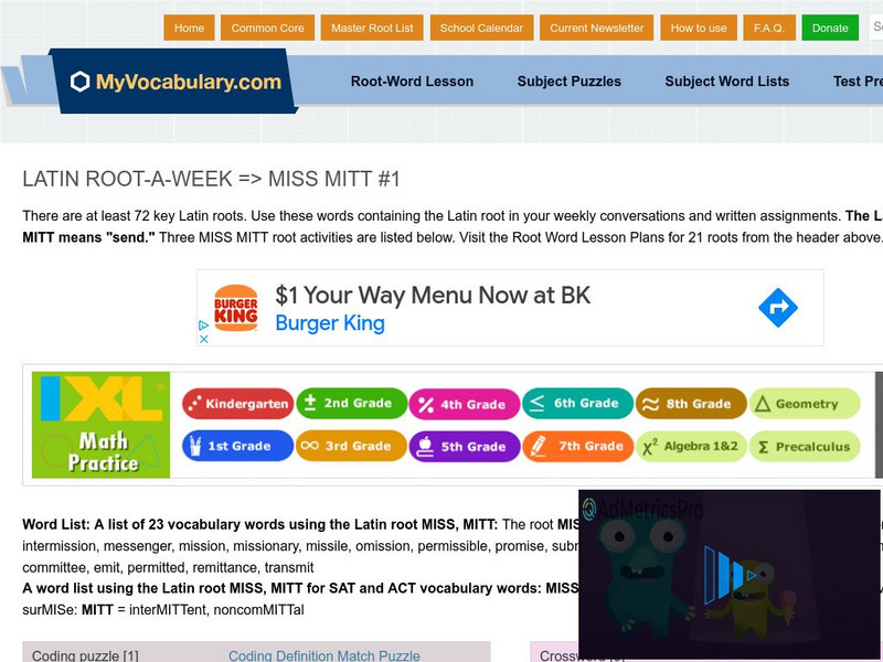 My vocabulary.com: Latin Root a Week: Miss Mitt #1 Lesson Plan My vocabulary.com: Latin Root a Week: Miss Mitt #1 Lesson Plan