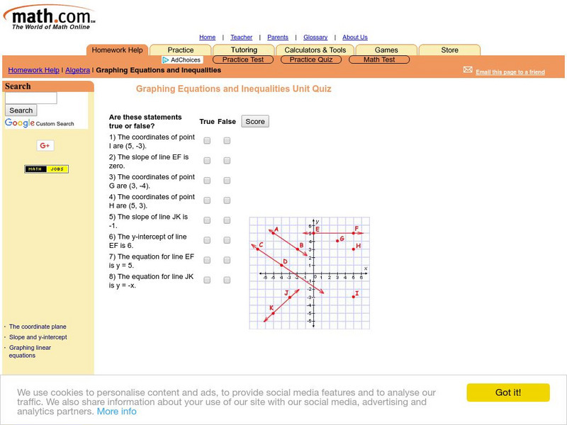 Math.com: Graphing Equations Unit Quiz Unknown Type Math.com: Graphing Equations Unit Quiz Unknown Type