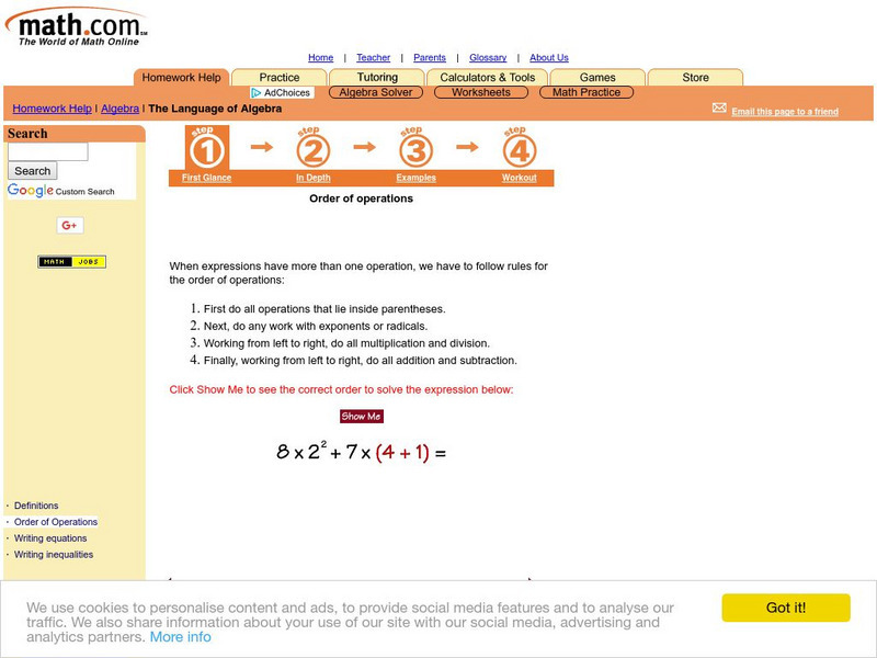 Math.com: The Language of Algebra: Order of Operations Unit Plan Math.com: The Language of Algebra: Order of Operations Unit Plan