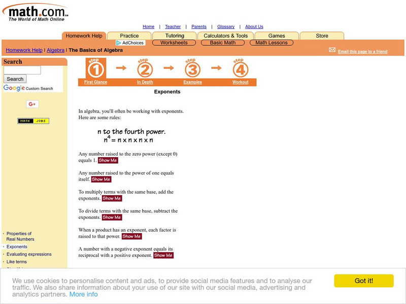 Math.com: The Basics of Algebra: Exponents Activity Math.com: The Basics of Algebra: Exponents Activity
