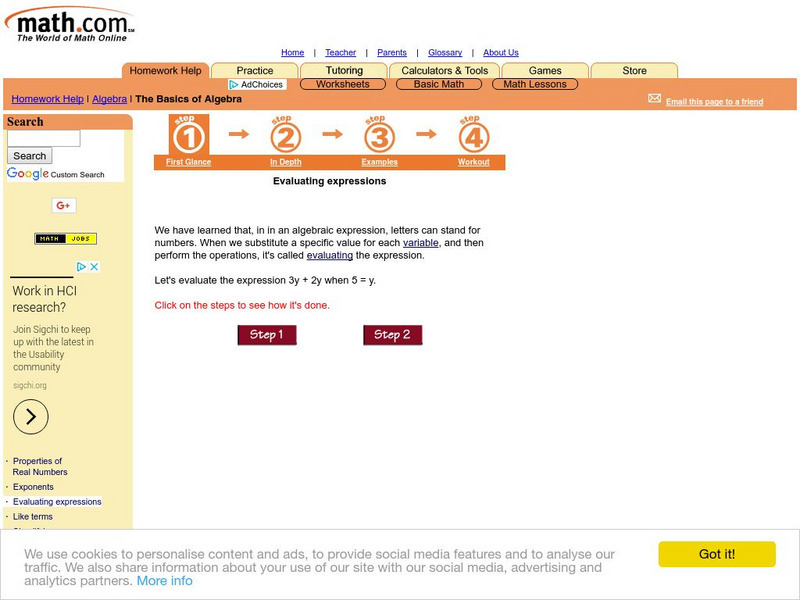 Math.com: The Basics of Algebra: Evaluating Expressions Unit Plan Math.com: The Basics of Algebra: Evaluating Expressions Unit Plan