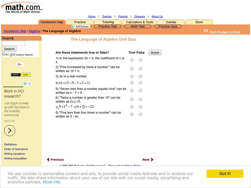 Math.com: The Language of Algebra Unit Quiz Unknown Type