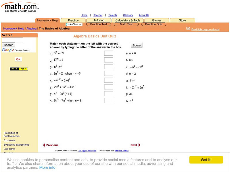 Math.com: The Basics of Algebra Unit Quiz Unknown Type Math.com: The Basics of Algebra Unit Quiz Unknown Type