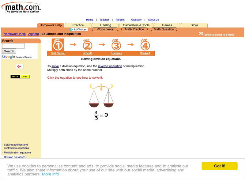 Math.com: Equations and Inequalities: Solving Division Equations Unit Plan