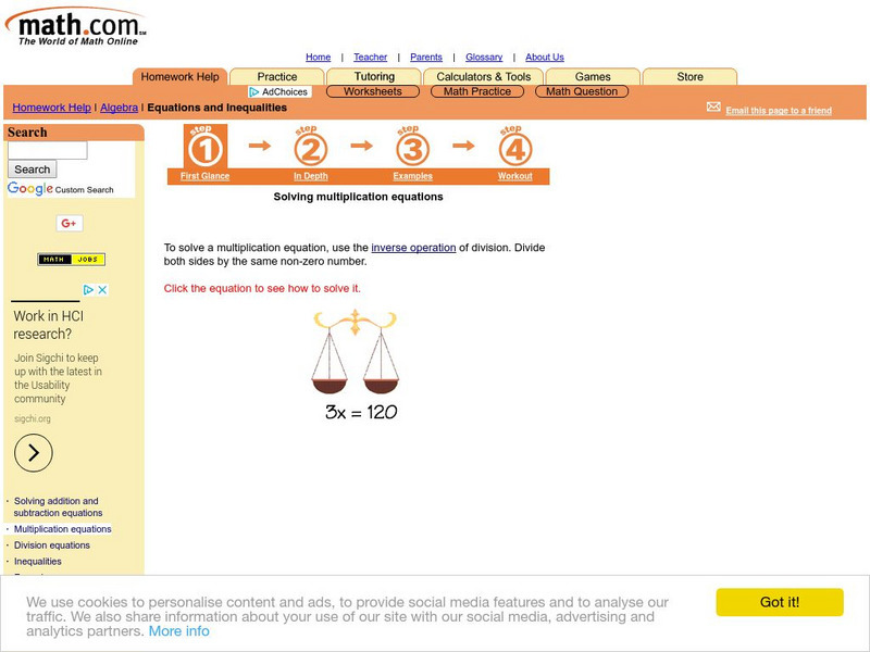 Math.com: Equations and Inequalities: Solving Multiplication Equations Unit Plan