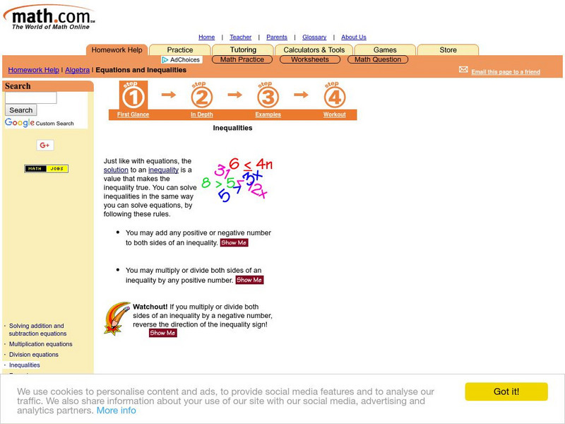 Math.com: Equations and Inequalities: Solving Inequalities Unit Plan