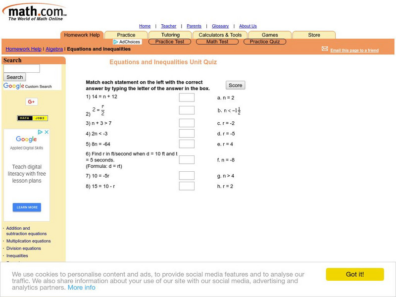 Math.com: Equations and Inequalities Unit Quiz Unknown Type